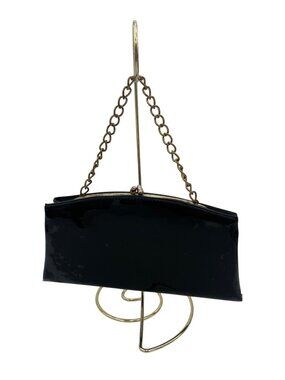 Vintage Black Patent Leather Clutch Purse Gold Chain Handle & Kiss Lock Closure
